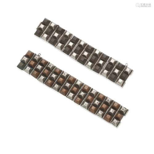 TWO SILVER, COPPER AND WOOD LINK BRACELETS, WILLIAM SPRATLIN...