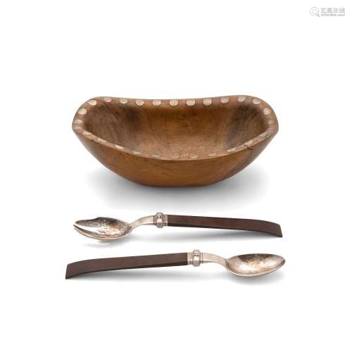 A MEXICAN WOOD AND STERLING SILVER BOWL AND SALAD SET, WILLI...
