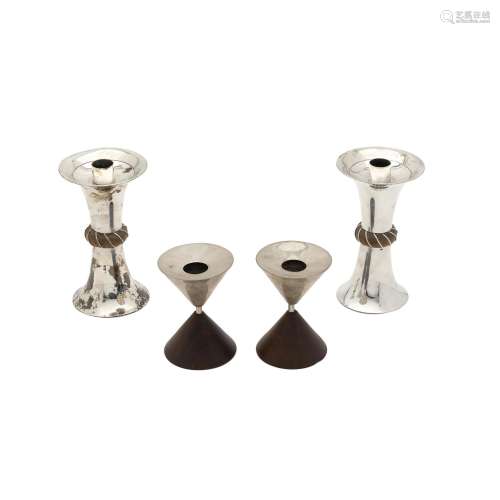 TWO PAIRS OF MEXICAN WOOD AND STERLING SILVER CANDLESTICKS, ...
