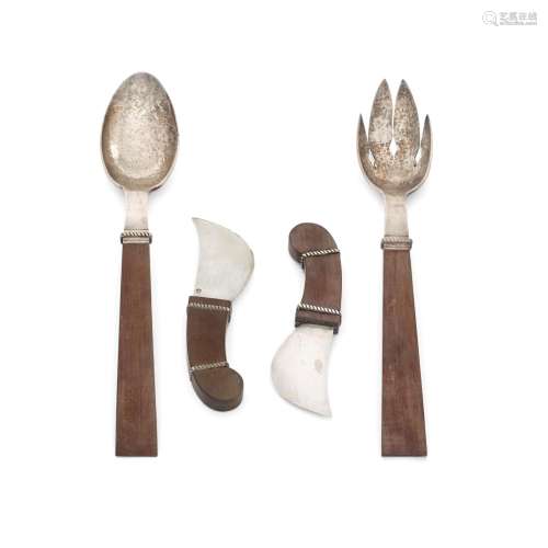 FOUR MEXICAN WOOD AND STERLING SILVER SERVING PIECES, WILLIA...