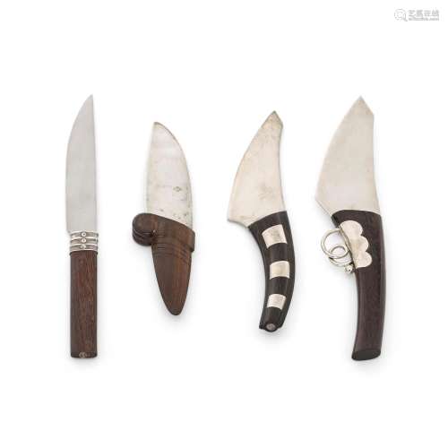 FOUR MEXICAN WOOD AND STERLING SILVER KNIVES, WILLIAM SPRATL...