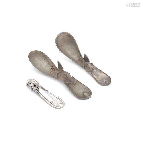 TWO MEXICAN STERLING SILVER DUCK-FORM SUGAR SPOONS AND A BOT...