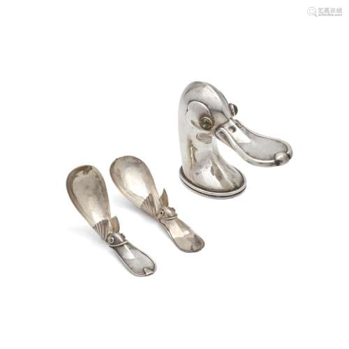 TWO MEXICAN STERLING SILVER DUCK-FORM SUGAR SPOONS AND A BOT...