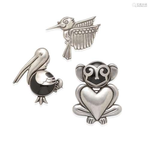 THREE SILVER AND ONYX ANIMAL BROOCHES, HECTOR AGUILAR