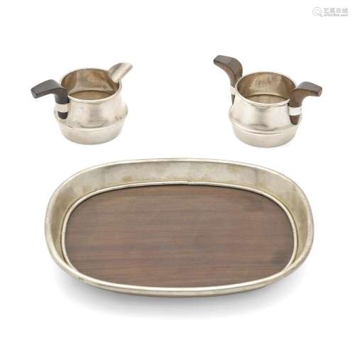 A MEXICAN WOOD AND STERLING SILVER CREAMER AND OPEN SUGAR SE...