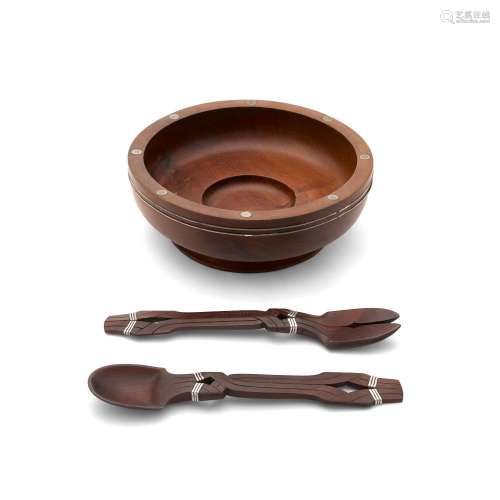 A MEXICAN WOOD AND STERLING SILVER BOWL AND SALAD SET, WILLI...
