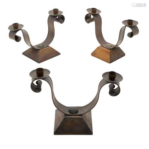 THREE MEXICAN COPPER TWO-LIGHT CANDELABRA, HECTOR AGUILAR, 1...