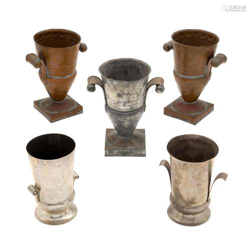 FIVE MEXICAN STERLING SILVER, COPPER, AND TIN VASES, WILLIAM...