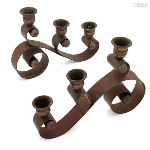 TWO MEXICAN COPPER THREE-LIGHT CANDELABRA, HECTOR AGUILAR, 1...