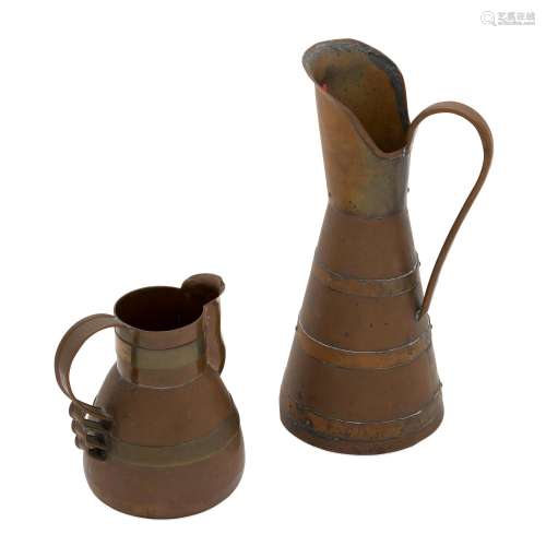 TWO MEXICAN BRASS AND COPPER PITCHERS, HECTOR AGUILAR, 1939-...