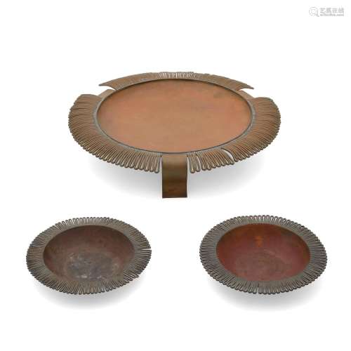 THREE MEXICAN PATINATED COPPER BOWLS WITH SCALLOPED EDGES, H...