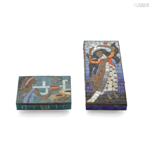 TWO MEXICAN MOSAIC INLAID BRASS FOOTED BOXES, SALVADOR TERAN...