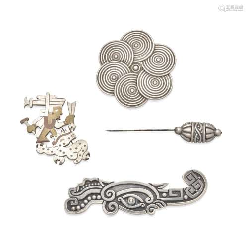 FOUR SILVER AND MIXED METAL BROOCHES, LOS CASTILLO