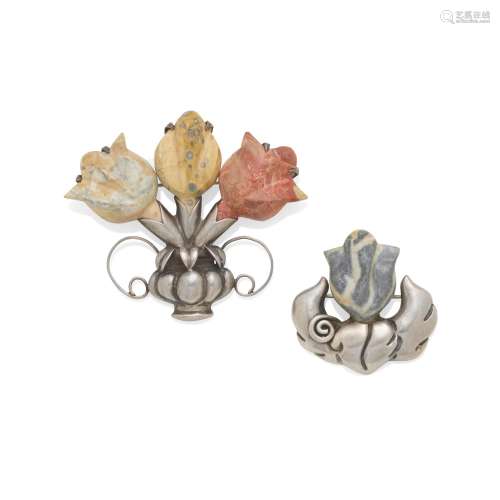 TWO SILVER AND CARVED JASPER BROOCHES, WILLIAM SPRATLING, CI...