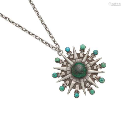 A SILVER, MALACHITE AND TURQUOISE PENDANT NECKLACE, WILLIAM ...