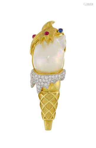 Broche cornet de glace 2 ors 750 ornée d'une perle de cultur...