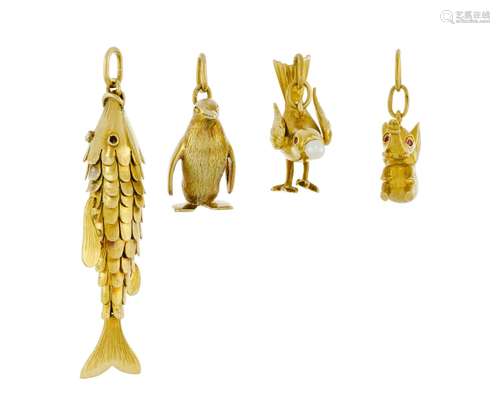 Lot de 4 charms or 750 composé d'un pingouin et d'un oiseau ...