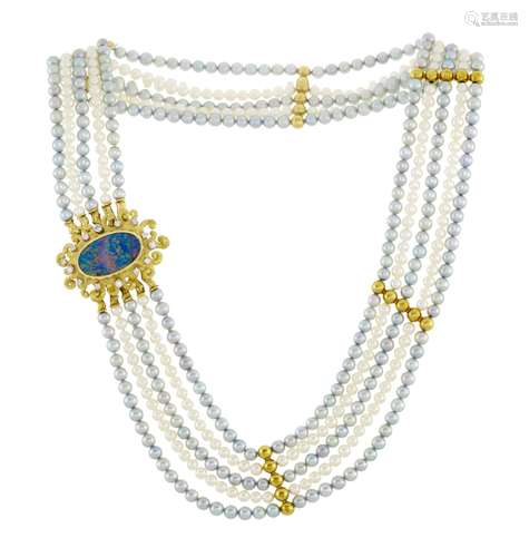 Collier composé de 5 rangs de perles de culture avec interca...