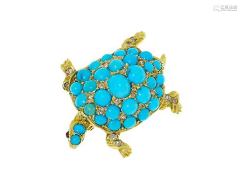 Broche tortue or 585 sertie de turquoises, de diamants taill...