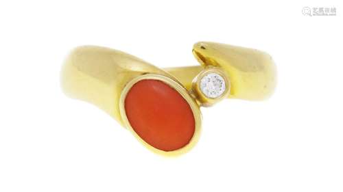 Bague or 750 sertie d'un corail et d'un diamant taille brill...