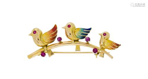 Broche oiseaux sur leur branche 2 ors 750 et émail polychrom...