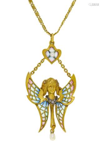 Pendentif Art Nouveau or 750 et émail plique-à-jour figurant...