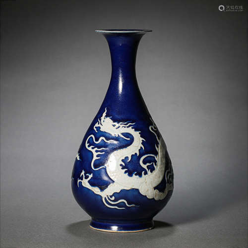 CHINESE YUAN DYNASTY BLUE AND WHITE BLUE GLAZE DRAGON PATTER...