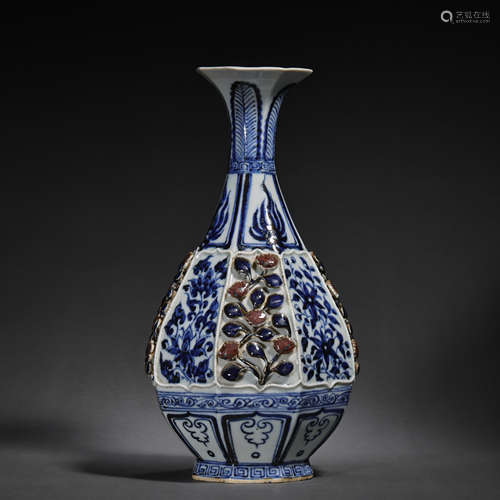 CHINESE YUAN DYNASTY BLUE AND WHITE GLAZE SPRING BOTTLE