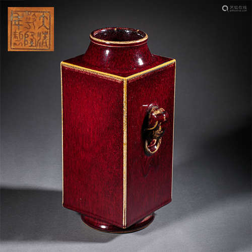 RED GLAZED ANIMAL EAR VASE FROM QING DYNASTY, CHINA