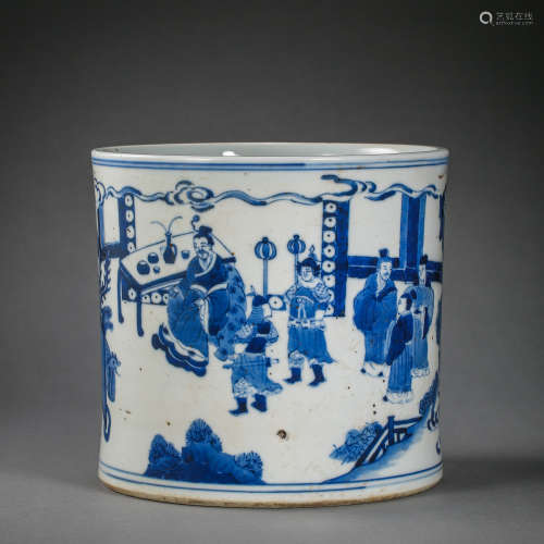 CHINESE QING DYNASTY KANGXI BLUE AND WHITE FIGURES PEN HOLDE...