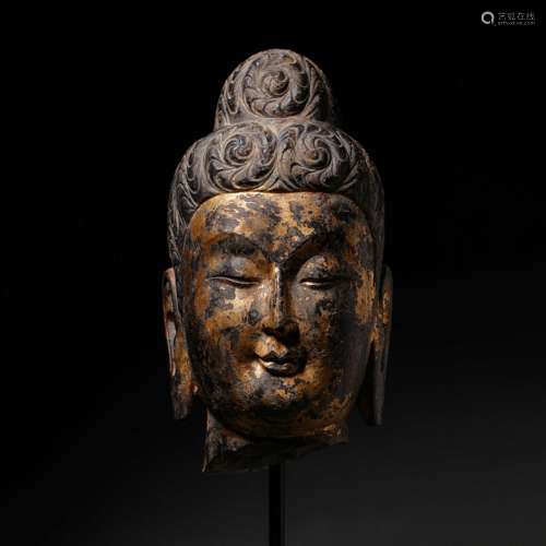 NORTH WEI DYNASTY, CHINESE BLUESTONE CLAY GOLD BUDDHA HEAD