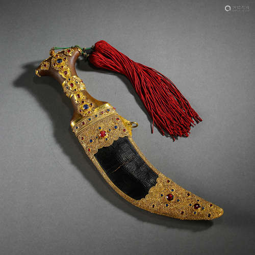 CHINESE QING DYNASTY PURE GOLD INLAID GEM ACCESSORIES KNIFE ...