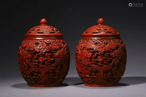 Pair Of Carved Cinnabar Lacquer Dragon And Pearl Jars And Co...