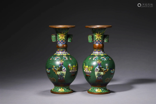 Pair Of Cloisonne Enamel Eight Treasures Pierced Vases