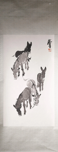 Chinese Donkey Group Painting, Huang Zhou Mark