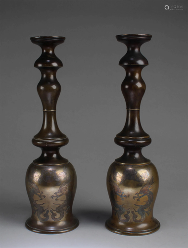 19th C, A Pair of Bronze with Gold & Silver Inlay Candle...