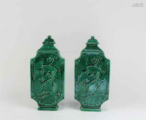 A Pair of Green Color Porcelain Containers