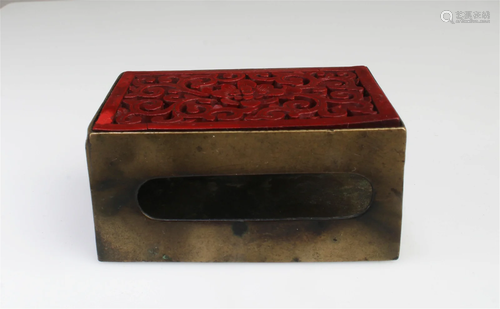 A Bronze with Cinnabar Lacquer Matchstick Box