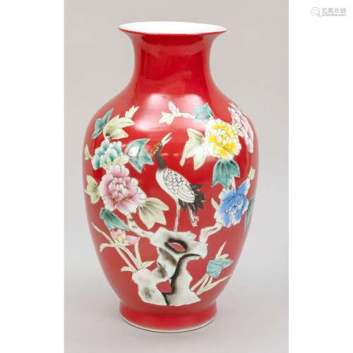 Red-ground Famille Rose vase,