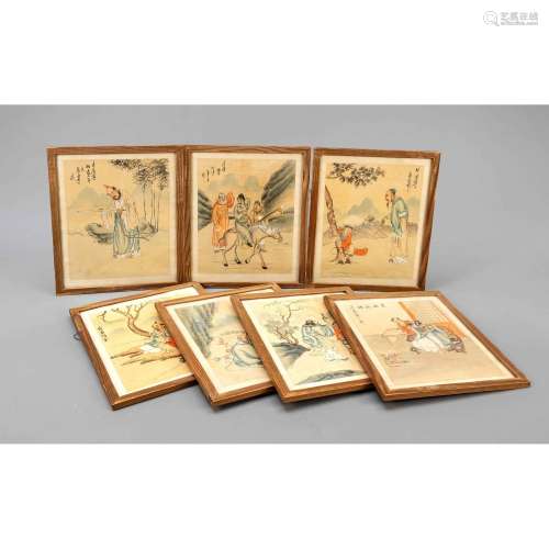 6 framed silk paintings, China