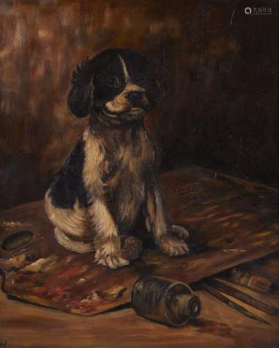 Oil on Board Painting Dog w/ Artist's Palette