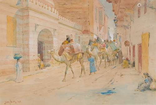 Henry Bacon Watercolor Camels Street Scene