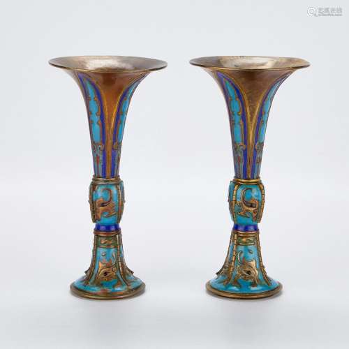 Pair of French Champleve Trumpet Vase in Chinese Style