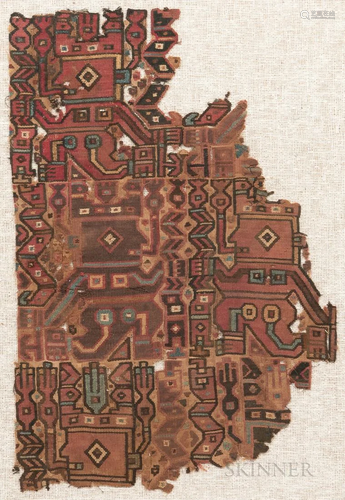 Pre-Columbian Textile Fragment, Peru, depicting stylized sid...