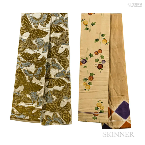 Two Silk Obi Sashes, Japan, 20th century, one woven with but...