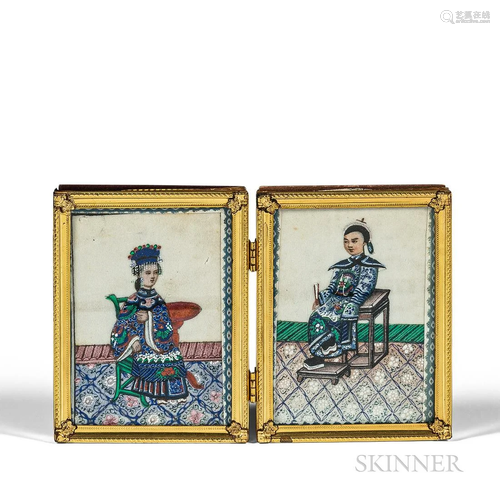 Pair of Pith Painting Portraits of a Couple, China, 19th/20t...