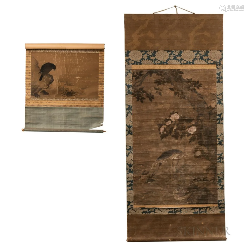 Two Hanging Scrolls, Japan, one depicting a crane, swallow, ...