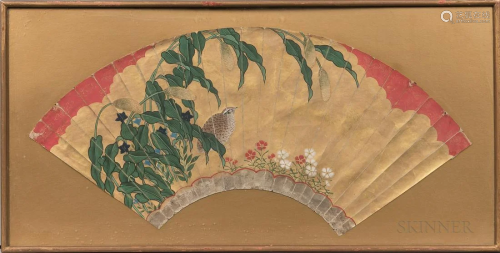 Fan Painting, Japan, Kano school, depicting a quail under ta...