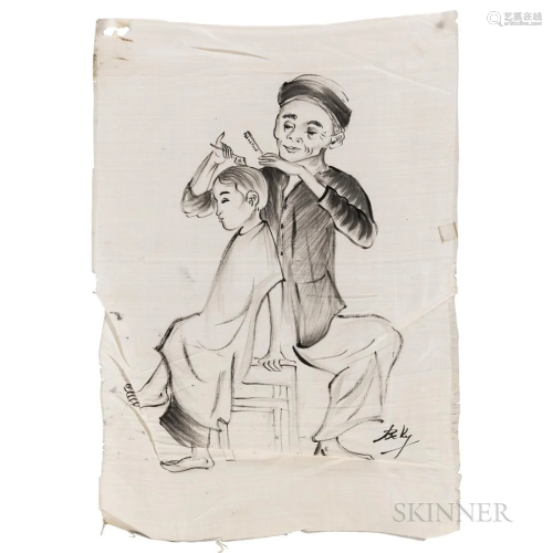 Ink Drawing on Silk, Vietnam, Beky (b. 1938), depicting a ge...