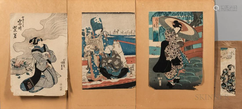 Four Utagawa School Woodblock Prints, Japan, early 19th cent...